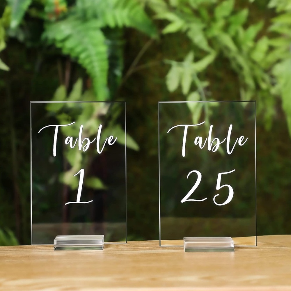 25 count Acrylic Table Number Signs with Stands 4x6 inch White Lettering